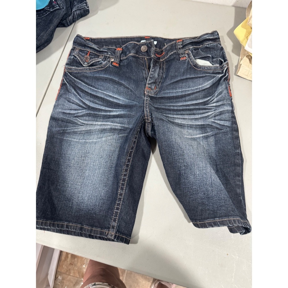 Cato Womens Dark Wash Bermuda Denim Shorts Embellished Flap Pockets Size 8